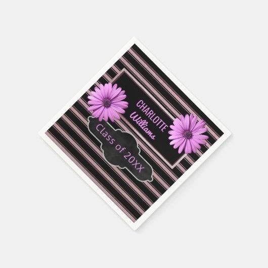 デザイン独自の卒業 | 紫色の花のストライプ スタンダードカクテルナプキン (角)