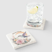 デザイン独自の水の色ハミングバード名前をカスタムする ストーンコースター (横)