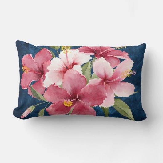 デザイン芸術的深いブルーと水色の花 ランバークッション (正面)