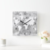 デザイン49ワールドマップグレースケール スクエア壁時計 (ホーム)