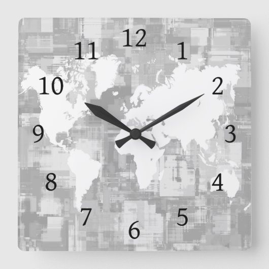 デザイン71の灰色白の世界地図 スクエア壁時計 (正面)