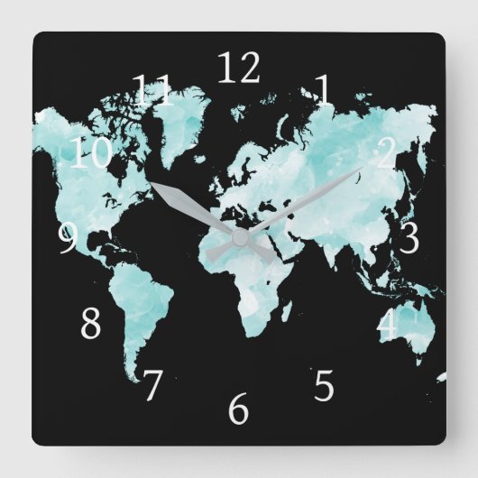 デザイン72の黒い水の青い世界地図 スクエア壁時計 (正面)