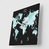 デザイン72の黒い水の青い世界地図 スクエア壁時計 (傾斜)