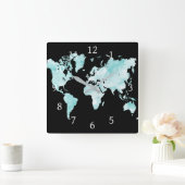 デザイン72の黒い水の青い世界地図 スクエア壁時計 (ホーム)