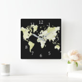 デザイン73ブラックグリーン世界地図 スクエア壁時計 (ホーム)