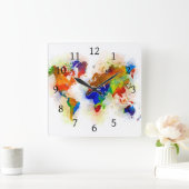 デザイン77の多彩な世界地図 スクエア壁時計 (ホーム)