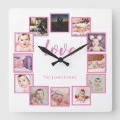 デザインa 12フォトコラージュパーソナライズされたピンク スクエア壁時計 (正面)