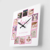 デザインa 12フォトコラージュパーソナライズされたピンク スクエア壁時計 (傾斜)