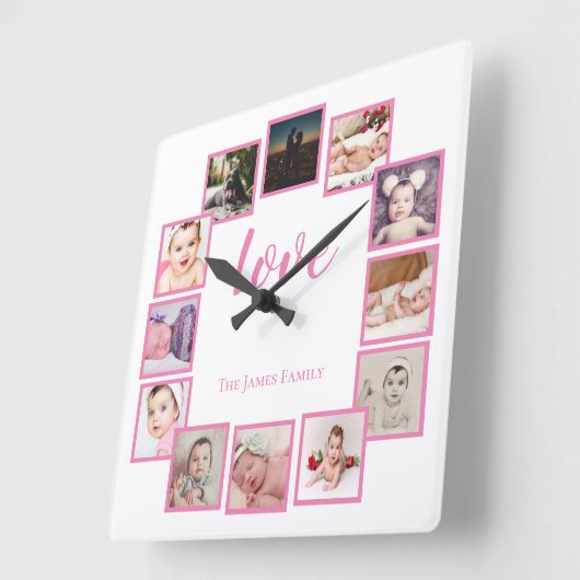 デザインa 12フォトコラージュパーソナライズされたピンク スクエア壁時計 (傾斜)