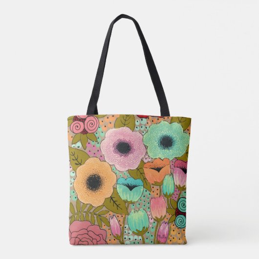 デザイ絵を描ナ絵を描ー・フローラの花の生地 トートバッグ (裏面)