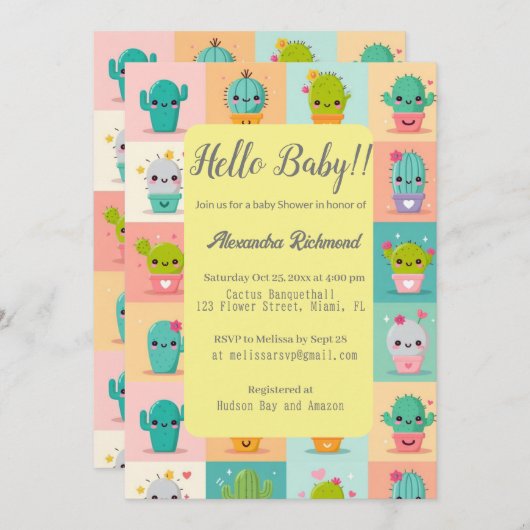 デザートのサボテンと多肉乳児シャワーシームレス 招待状 (正面/裏面)