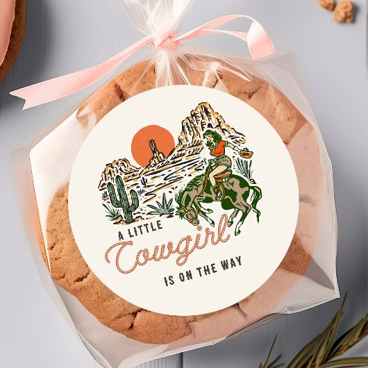 デザートウェスタン女性のカーボーイベビーシャワーステッカー ラウンドシール