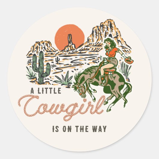 デザートウェスタン女性のカーボーイベビーシャワーステッカー ラウンドシール (正面)