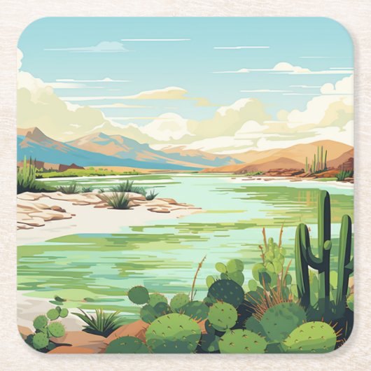 デザートオアシスグリーンビーチ湖 スクエアペーパーコースター (正面)