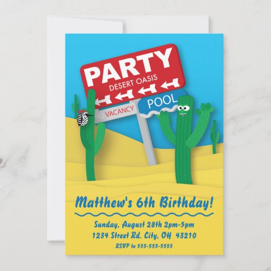 デザートオアシスプールパーティの招待状 – 編集可能カード 招待状 (正面)