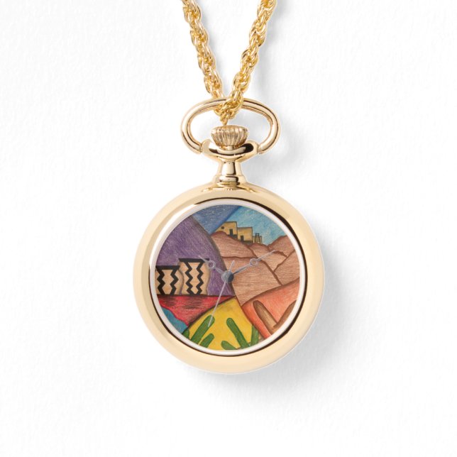 デザートサウスウエストハンドドローカラフルドフォークアート 腕時計 (正面)