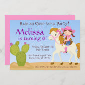 デザートサクタス、ピンク女性のカーボーイ誕生日パーティー招待状 招待状 (正面/裏面)