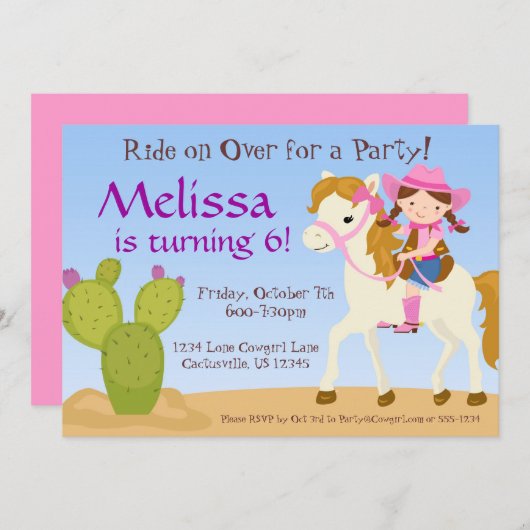デザートサクタス、ピンク女性のカーボーイ誕生日パーティー招待状 招待状 (正面/裏面)
