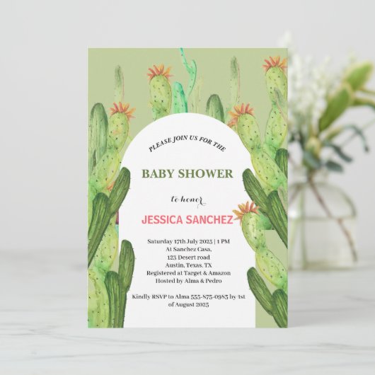 デザートサボツアーチボヘミアンウォーターカラーベビーシャワー 招待状 (スタンド正面)