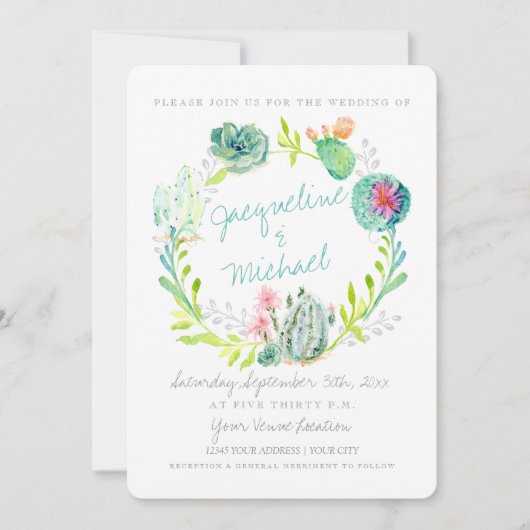 デザートサボテン花ウッドウォーターカラーw詳細 招待状 (正面)