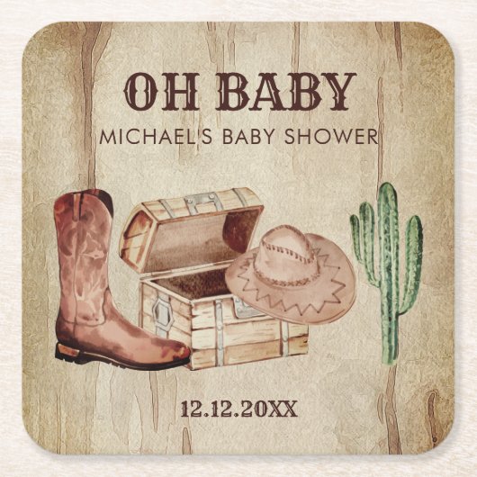 デザートサボテン赤ちゃんカウボーイ帽子靴パーティー スクエアペーパーコースター (正面)