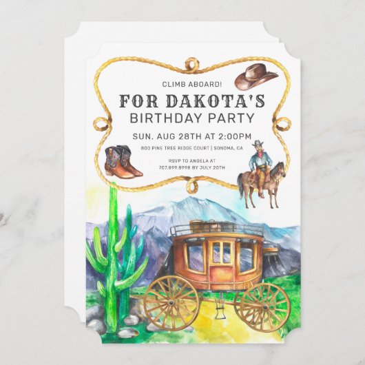 デザートステージコーチカウボーイバースデーパーティーの招待 招待状 (正面/裏面)