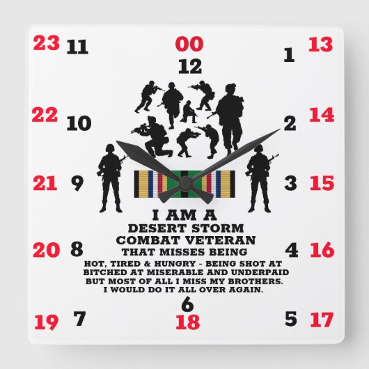 デザートストームコンバット退役軍人 スクエア壁時計 (正面)
