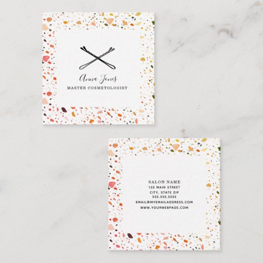 デザートテラゾパターンボビーピンズ美容師 スクエア名刺 (正面/裏面)