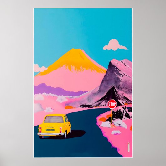 デザートハイウェイアートプリント黄色の車、火山 ポスター (正面)