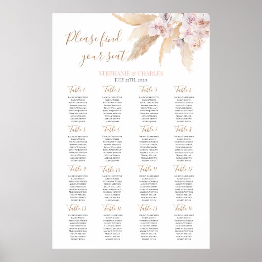 デザートピンクボホ結婚シックのシーティングチャート ポスター (正面)