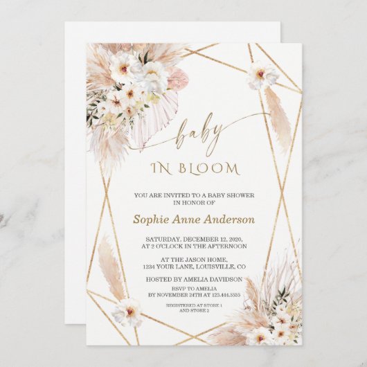 デザートホワイトローズ葉金ゴールドベビーイン開花 招待状 (正面/裏面)