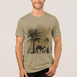 デザートヤシの木とラクダのビンテージアートTシャツ トライブレンドＴシャツ