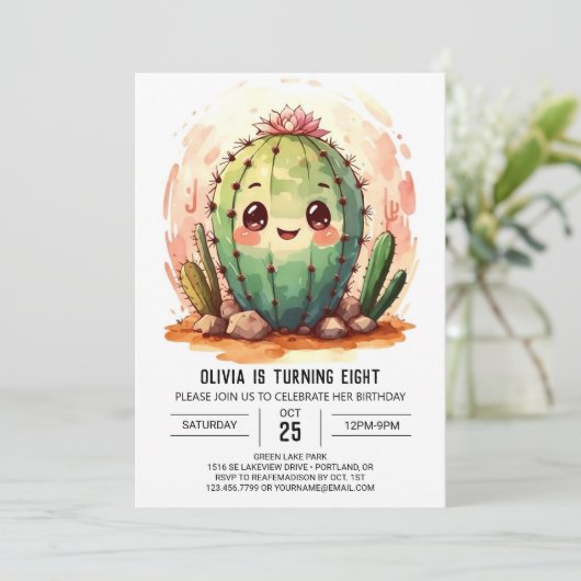 デザートワイルドウエストピンクサボスガール誕生日 招待状 (スタンド正面)