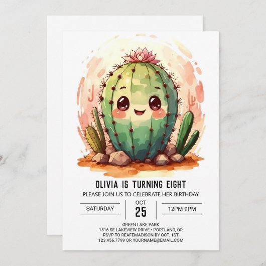 デザートワイルドウエストピンクサボスガール誕生日 招待状 (正面/裏面)