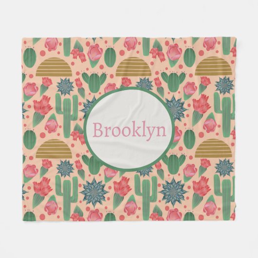 デザーパーソナライズされたト赤面ピンクフローラ フリースブランケット (正面(横))