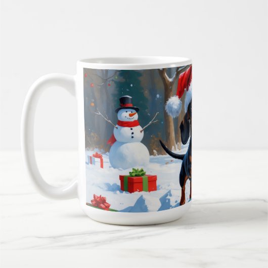 デシュント走の雪とクリスマスハット コーヒーマグカップ (左)