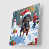 デシュント走の雪とクリスマスハット スクエア壁時計 (傾斜)