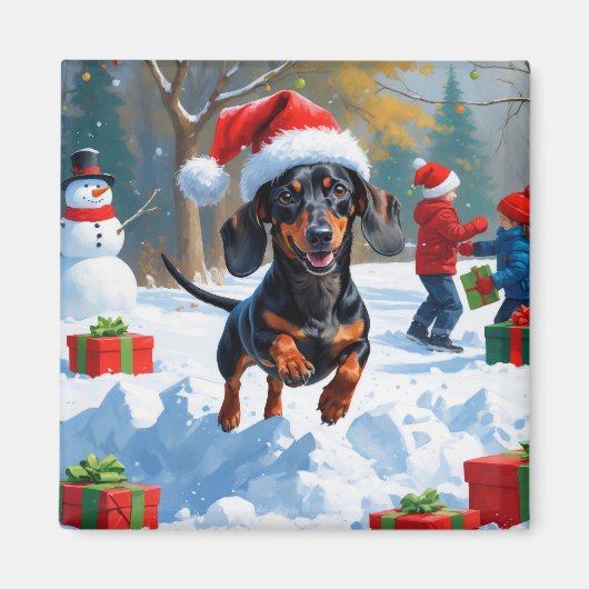 デシュント走の雪とクリスマスハット マグネット (正面)