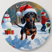 デシュント走の雪とクリスマスハット 缶バッジ (正面)