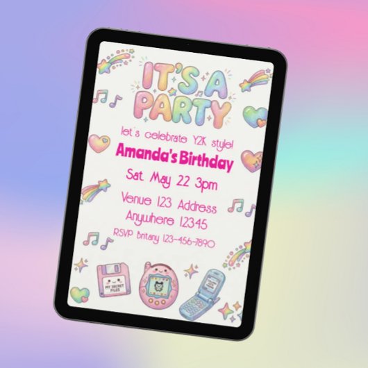 デジキュートY2Kスタイル レインボーカラー 誕生日 招待状