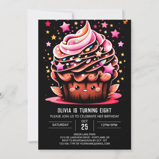 デジタエレガントルカップケーキガール誕生日 招待状 (正面)