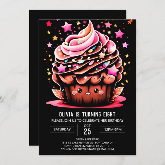 デジタエレガントルカップケーキガール誕生日 招待状 (正面/裏面)