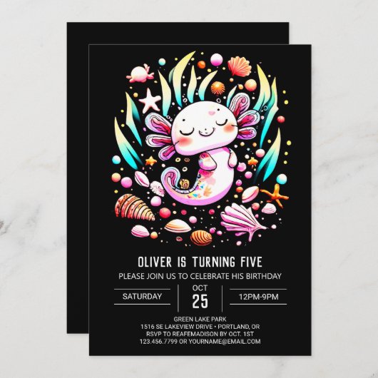 デジタルアクソロトル子供の誕生日 招待状 (正面/裏面)