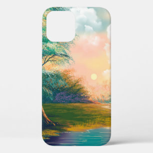 デジタルア絵画ートの風景、春の川 iPhone 12ケース