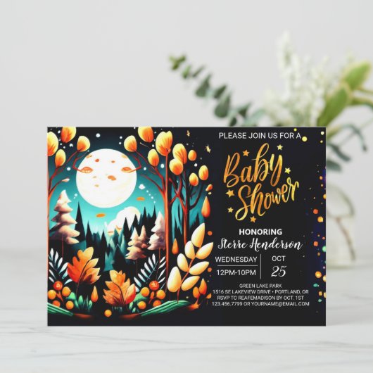 デジタルウッドランドデジタル編集可能ベビーシャワー 招待状 (スタンド正面)
