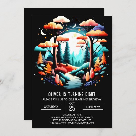 デジタルオンラインウッドランド子供の誕生日 招待状 (正面/裏面)