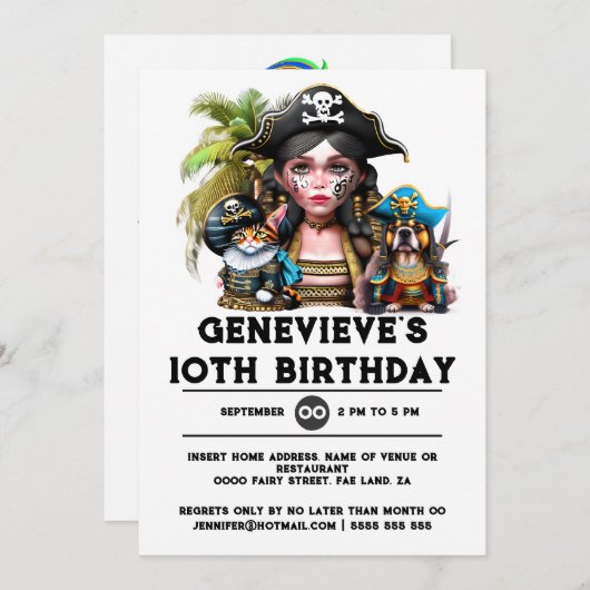 デジタルキッズ海賊誕生日パーティー女の子の誕生日 招待状 (正面/裏面)