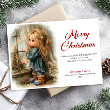 デジタルクリスマスのレトロな小さな女の子がサンタを待つ