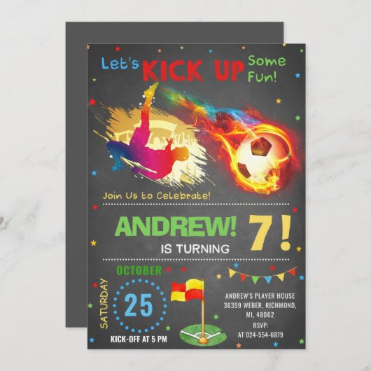 デジタルサッカーの誕生日パーティーをパーソナライズ 招待状 (正面/裏面)