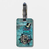 デジタルティール(緑がかった色)木基盤の賢い入れ墨のスタイルのフクロウがあって下さい ラゲッジタグ (裏面縦)